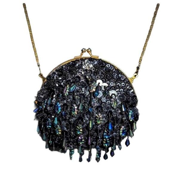 New Black Beaded Sequins Purse Cocktail Long Chain Gold Flower Holiday Event - Picture 8 of 8